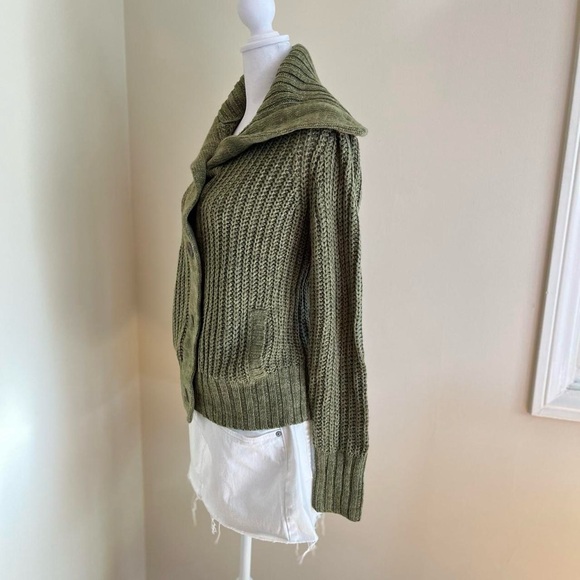 Vintage Retro Style Grandpa Grunge Green Chunky Knit Sweater Button Front Cozy M - Picture 7 of 10